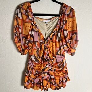 DR2 XXL Orange, Brown and gold colored, ruched woman's top with ruffle.